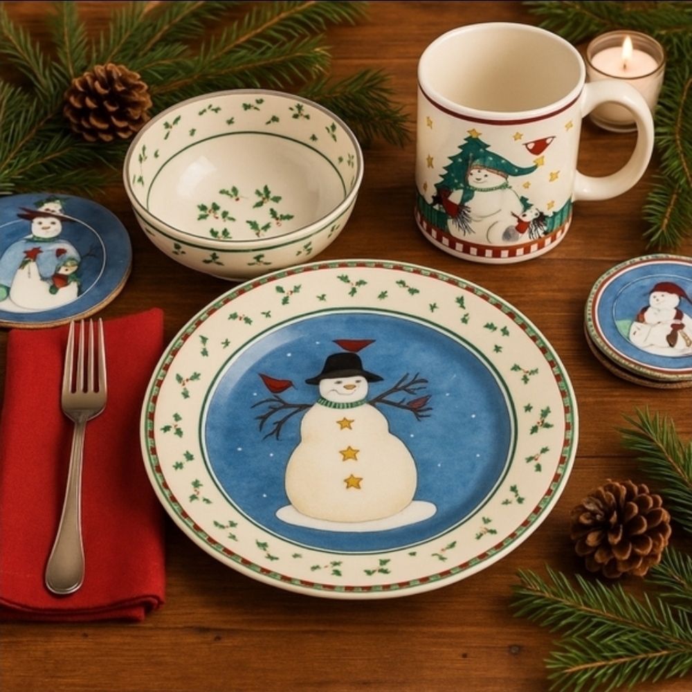 Debbie Mumm Snowman Salad Plates Set of 4 | Sakura 1998 Vintage Christmas - Picture 8 of 10